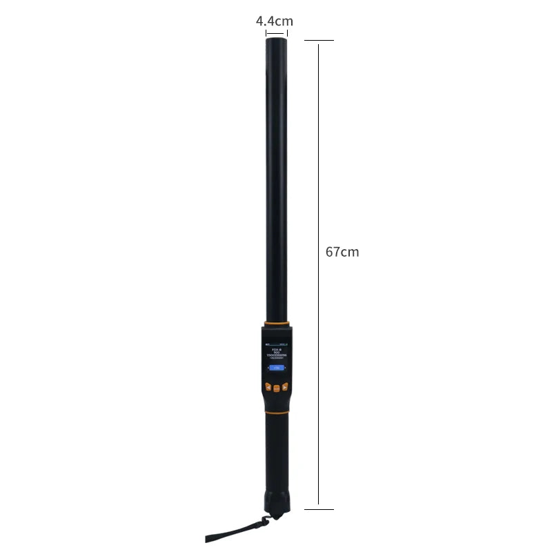 Black metal rod with measurements on a white background