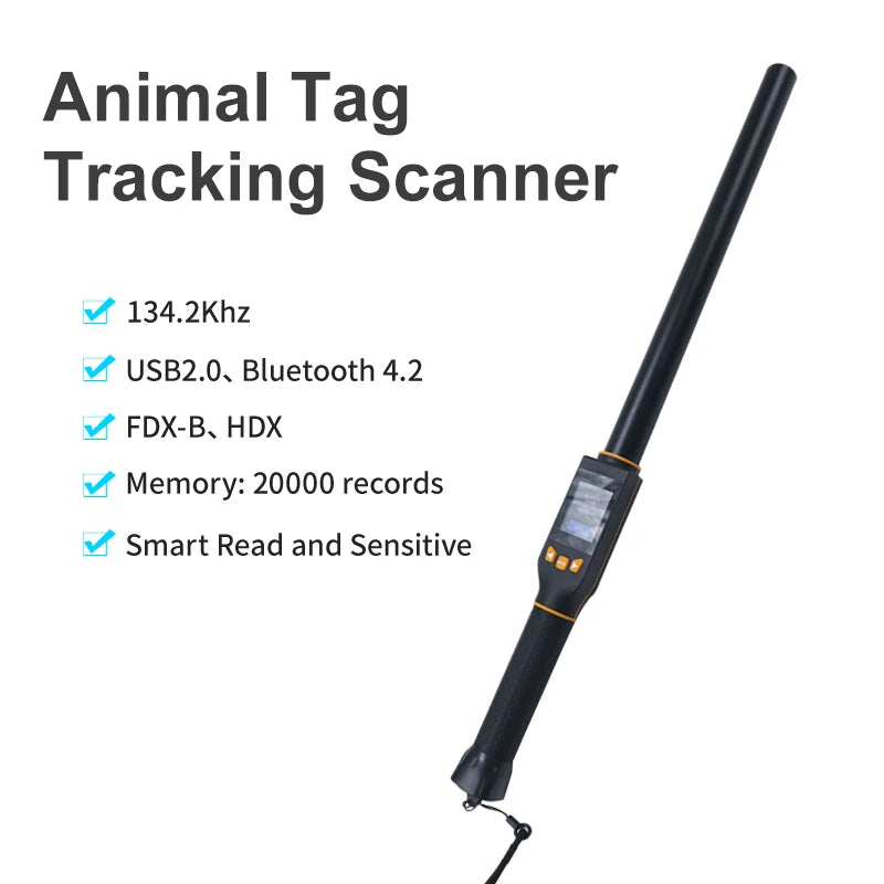 Animal tag tracking scanner with specifications on a white background