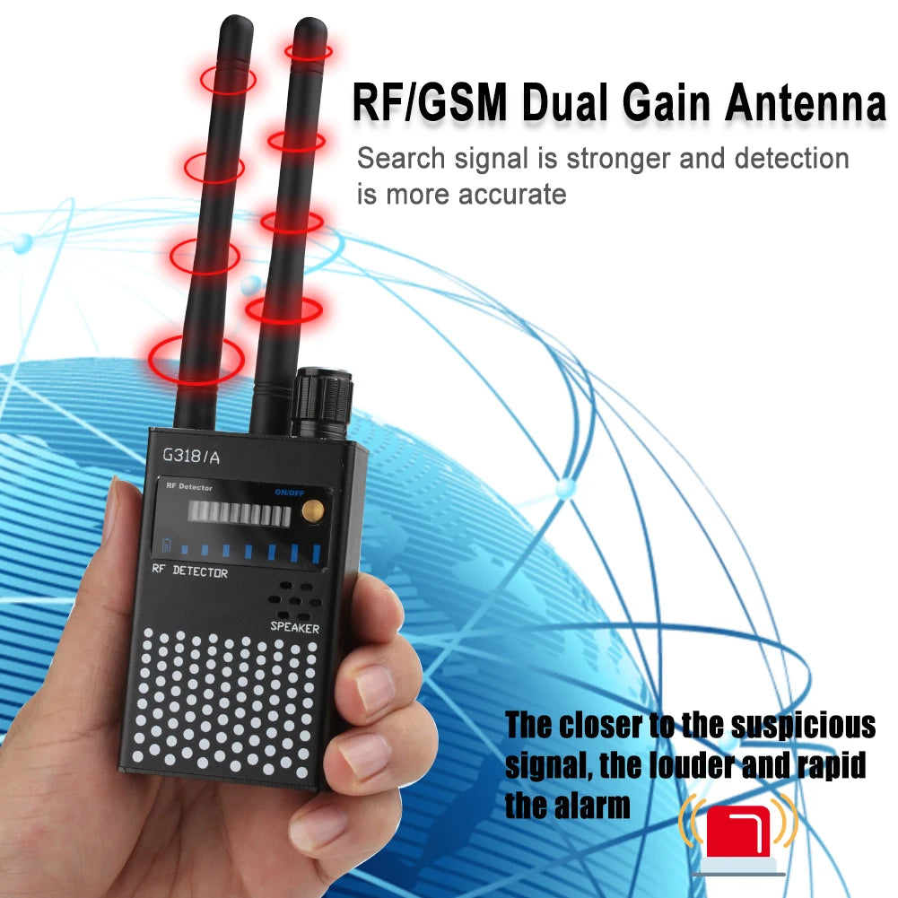RF/GSM Dual Gain Antenna held in a hand with text on a blue background