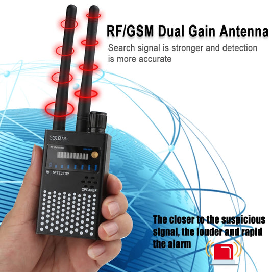 RF/GSM Dual Gain Antenna held in a hand with text on a blue background