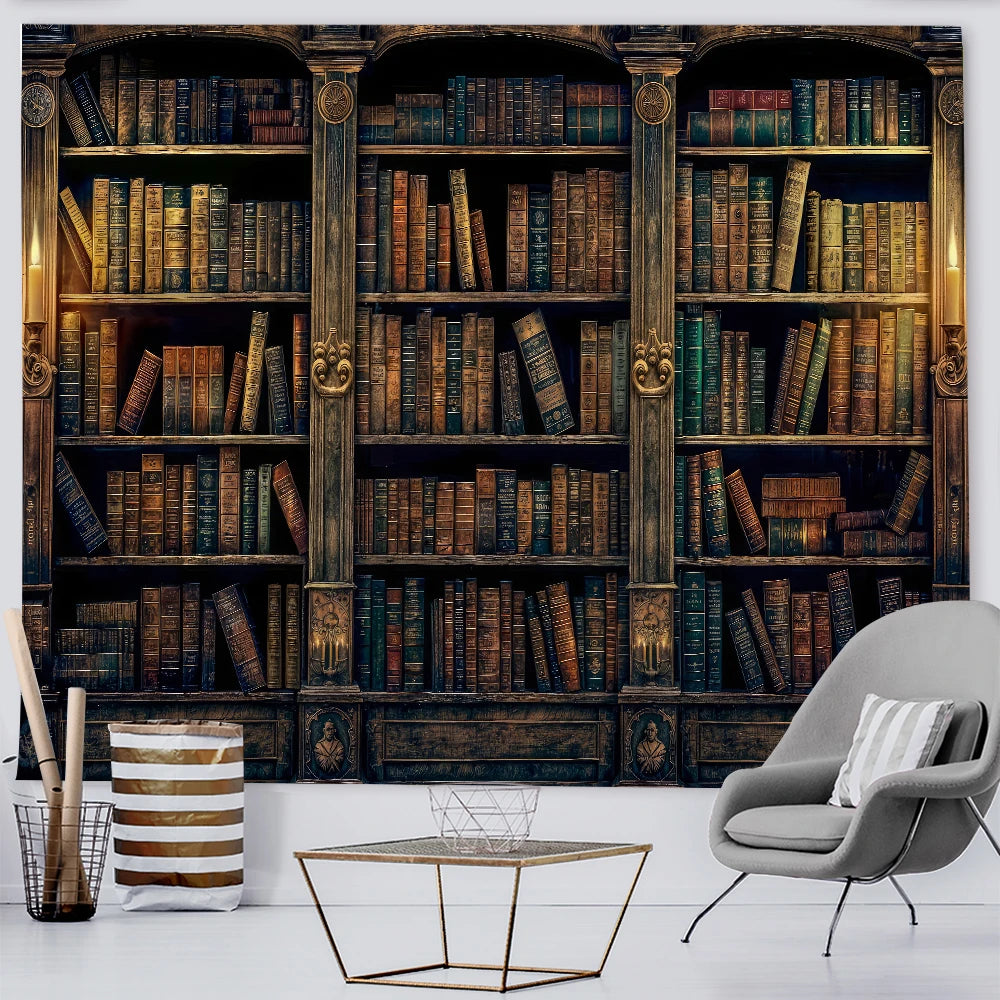 Antique Bookshelf Backdrop – Zoom & Skype vintage Book Wall Tapestry Wall Decoration