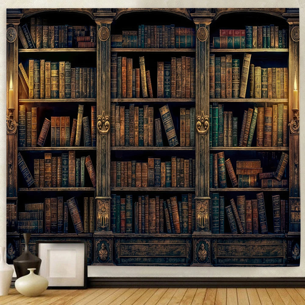Antique Bookshelf Backdrop – Zoom & Skype vintage Book Wall Tapestry Wall Decoration