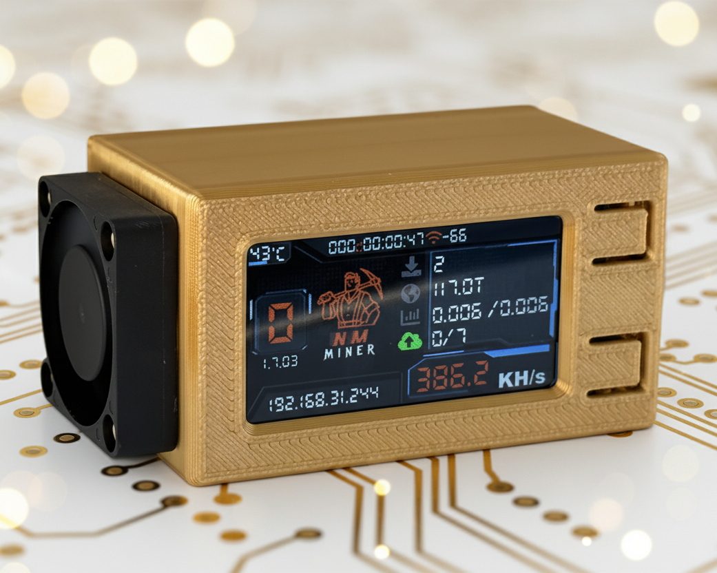 AP-NerdMiner V2 Pro Max gold edition solo Bitcoin lottery miner achieving 386.2 KH/s with digital display on a circuit board background