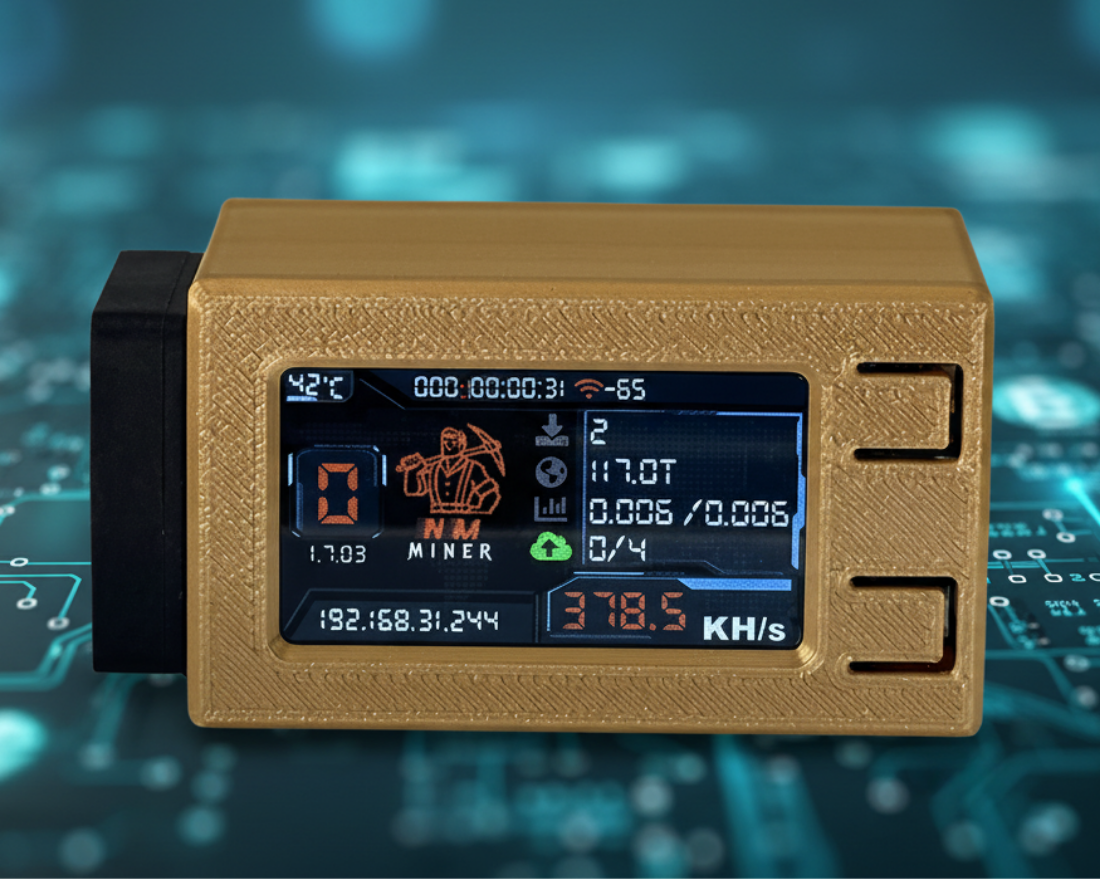 Activated AP-NerdMiner V2 Pro Max is the newest, high-efficiency generation of the popular Nerdminer series, engineered for the thrilling Bitcoin Solo Lottery. Featuring deeply optimized code, image displays miner achieving a hash rate of 390 KH/s (Kilohashes per second), blocks mined, BTC price, temperature and connectivity.