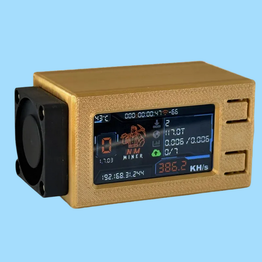 AP-NerdMiner V2 Pro Max gold edition solo Bitcoin lottery miner achieving 386.2 KH/s.