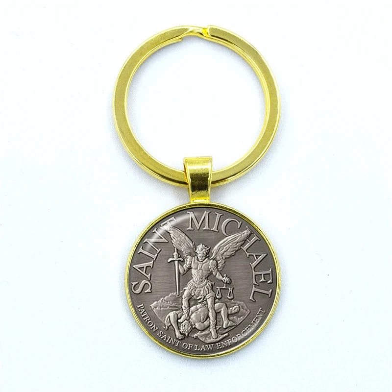 Keychain with Saint Michael design on a white background
