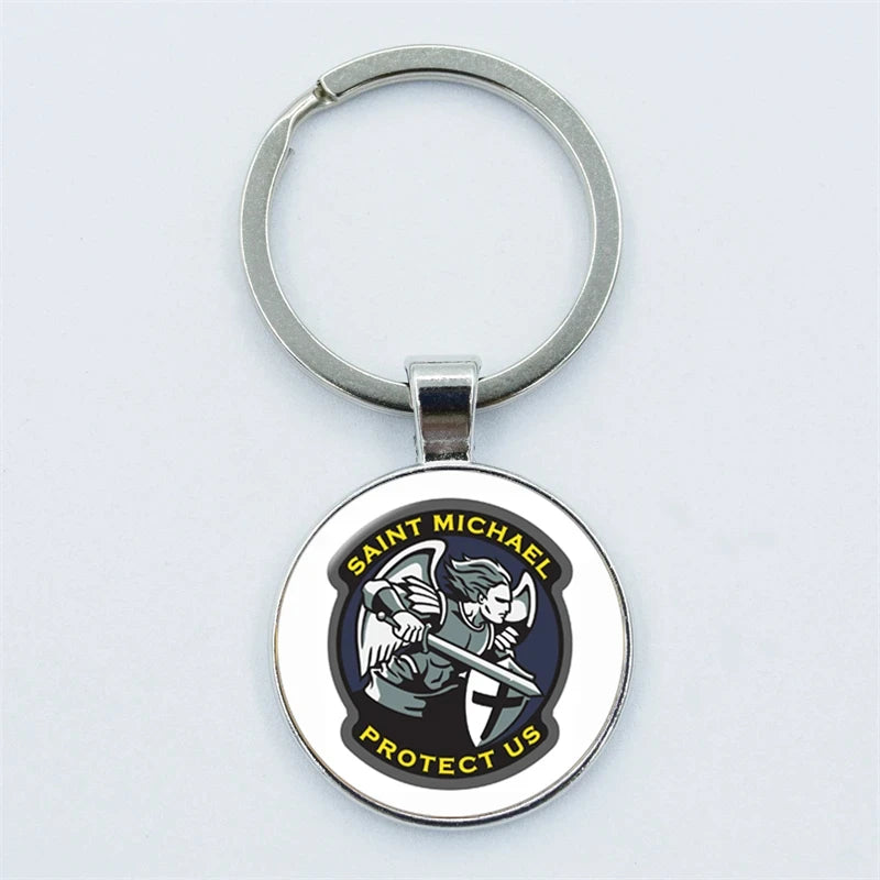 Keychain with Saint Michael design on a white background