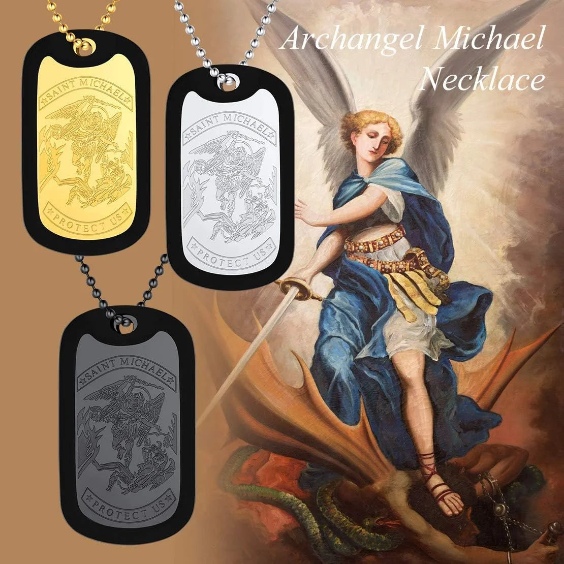 Archangel Michael Dog Tag necklace options in colors gold, silver and black displayed with text reading "Archangel Michael Necklace" and illustration of Michael to the side of product.