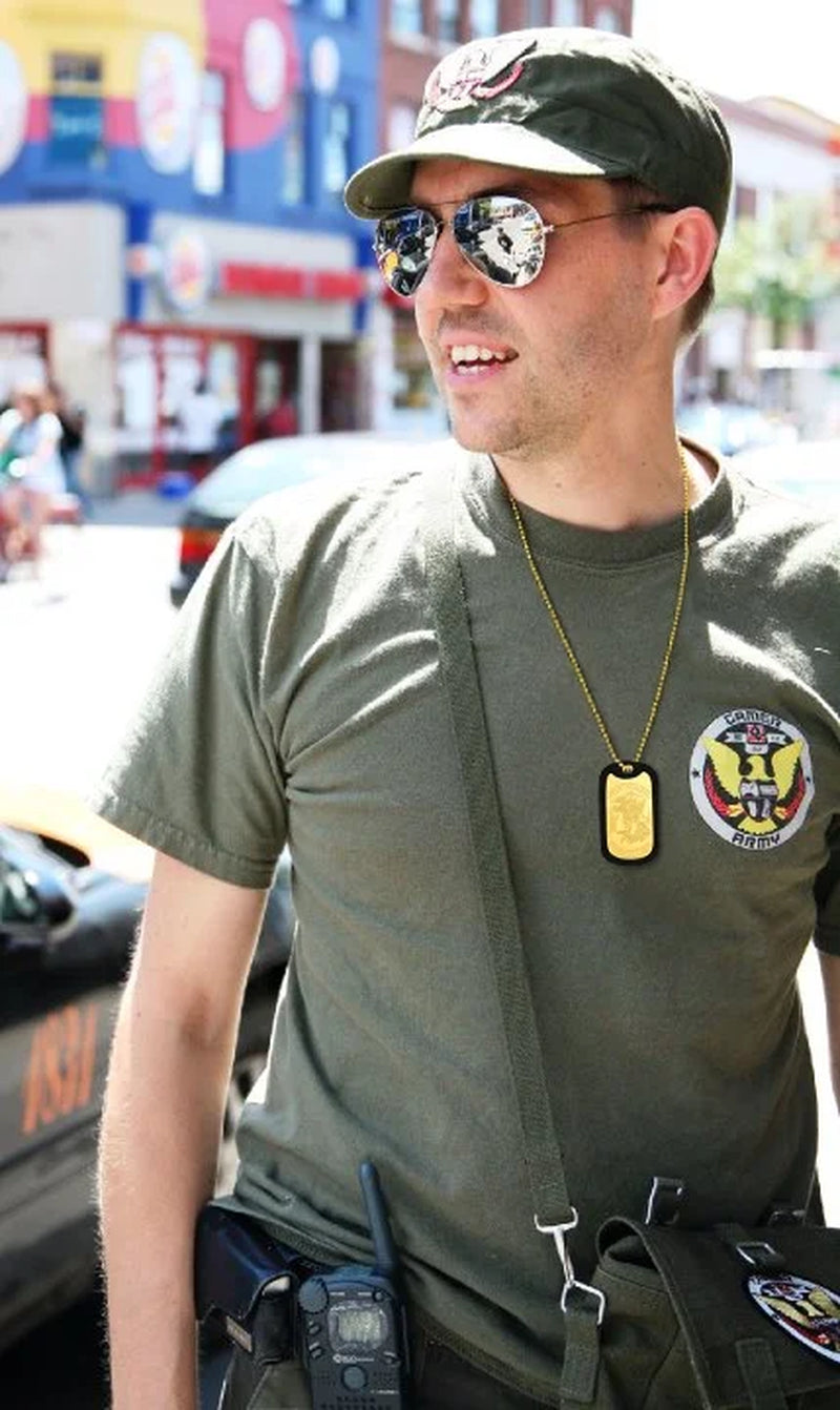 Service member shown wearing Archangel Michael Dog Tag Necklace in uniform.