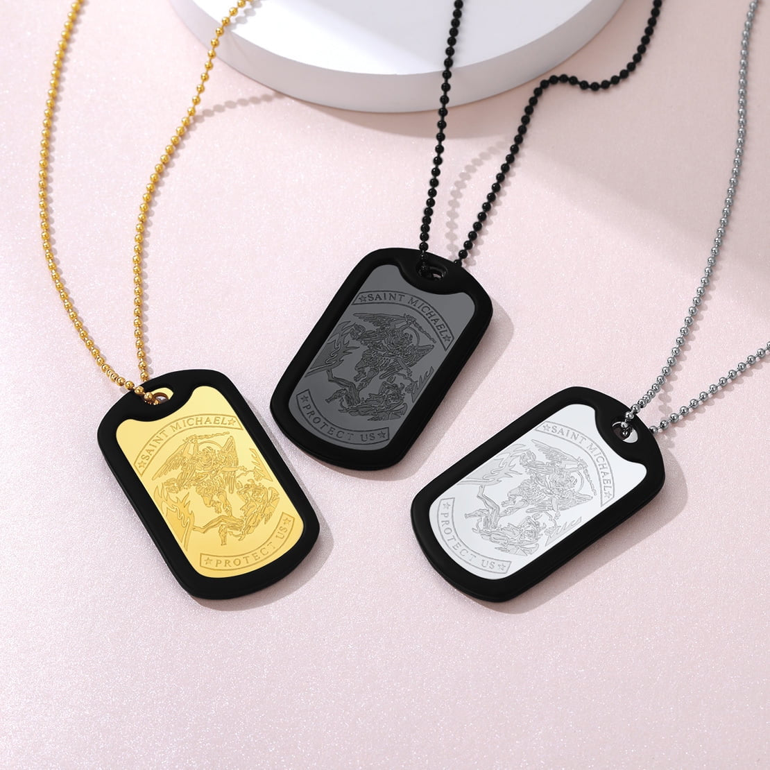 Three color options of Archangel Saint Michael necklace Dog Tags in gold, silver and black options.