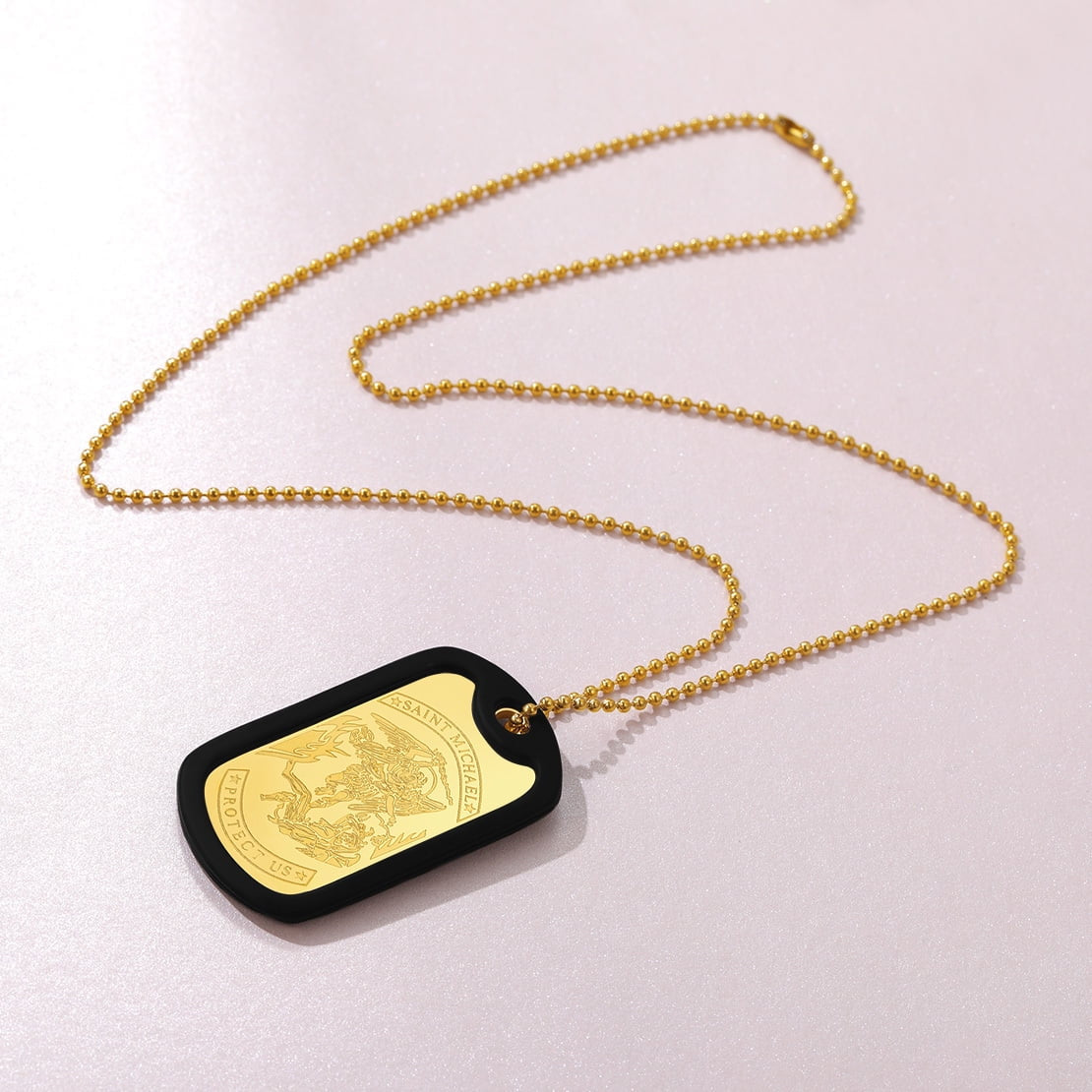 Archangel Michael Dog Tag Necklace shown full product display laid down flat on white background.