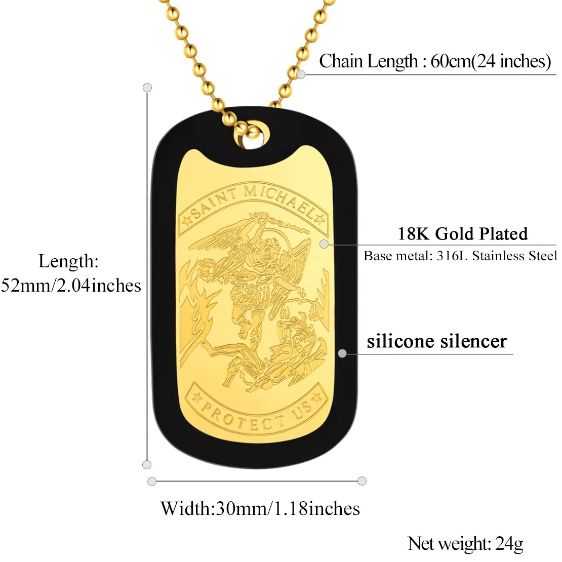 Archangel Michael Dog Tag Necklace displayed close-up showing dimensions and product features.