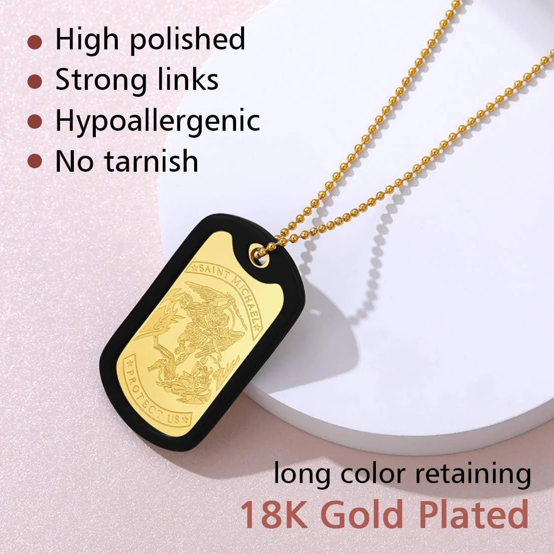 Archangel Saint Michael Dog Tag Necklace close-up displaying product features and highlights.
