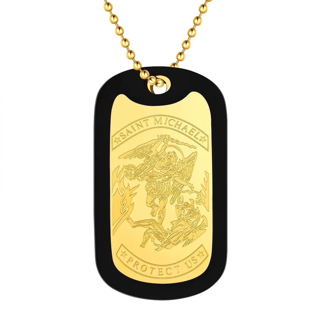 A gold-tone stainless steel necklace with a pendant featuring the Archangel Saint Michael, surrounded by a black border and a chain.