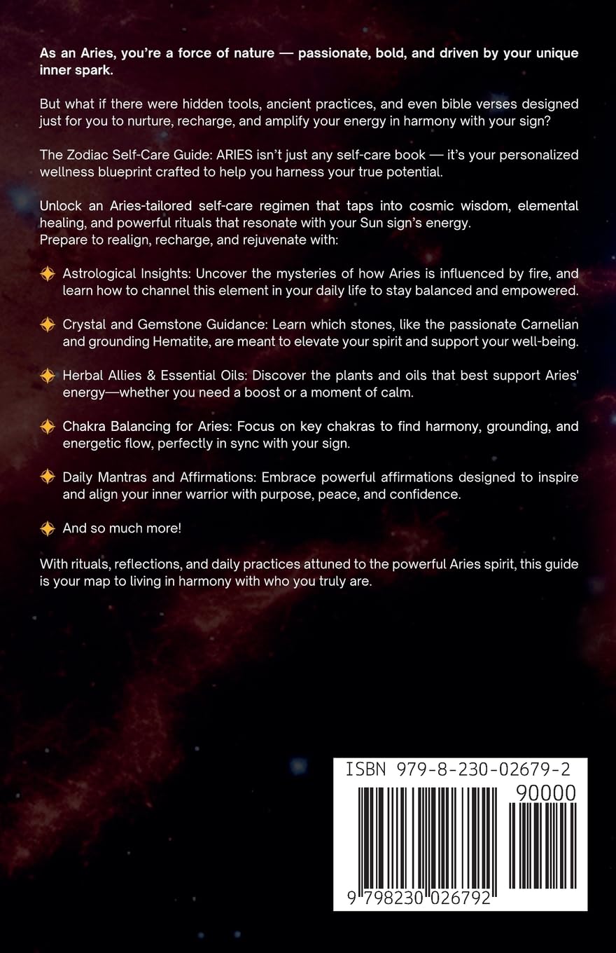 Back cover of a book titled 'Aries' with text and a barcode on a dark background