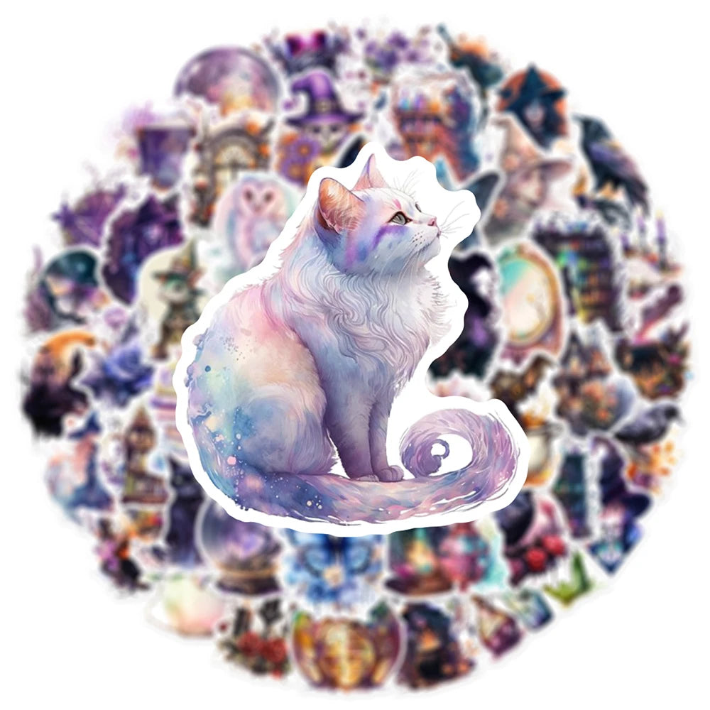 Colorful magic cat illustration with a circular pattern of cat images in the background