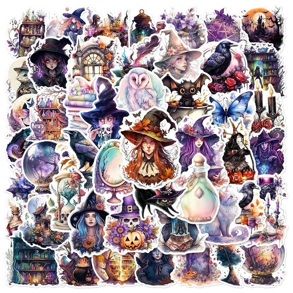 Collection of Fantasy-themed stickers featuring witches, cats, pumpkins, and other spooky elements.
