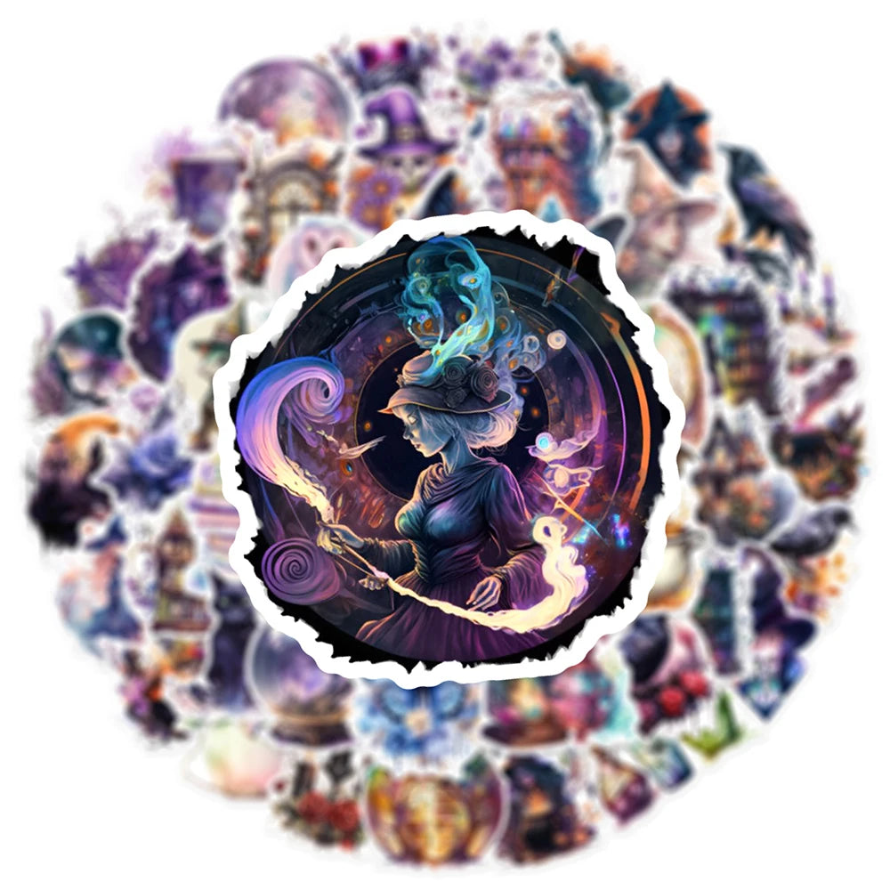 Circular collage of fantasy-themed stickers with a central figure holding a staff.