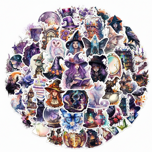 Collection of colorful stickers featuring magic fantasy-themed designs on a white background.