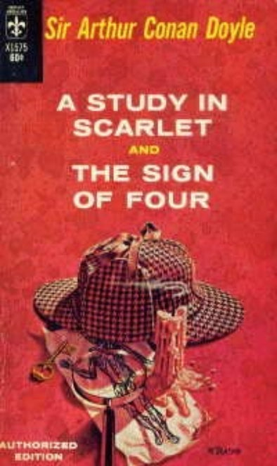 Book cover of 'A Study in Scarlet' and 'The Sign of Four' by Sir Arthur Conan Doyle with a red background and Sherlock Holmes hat.