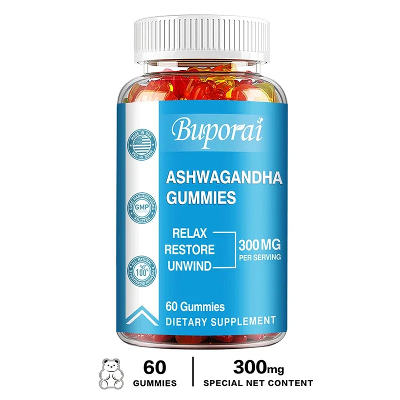Buporai Ashwagandha Gummies bottle with blue label on a white background