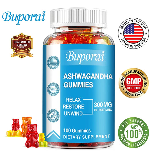 Buporai Ashwagandha gummies bottle with colorful gummies on a white background