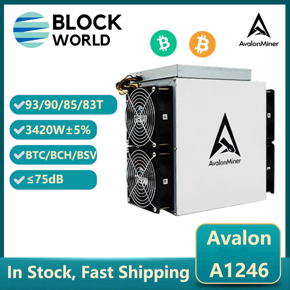 Avalon A1246 mining device with Block World and AvalonMiner branding on a white background.