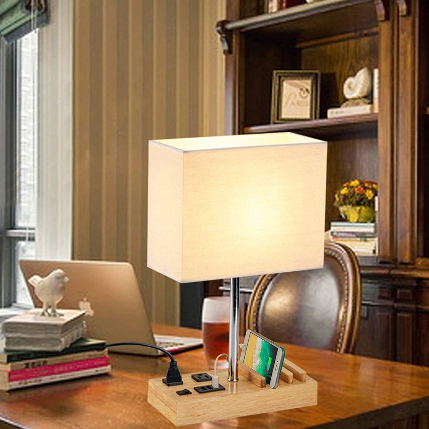 Woodgrain Desk Lamp (3) USB (2) AC Outlets & Sleek-Modern Phone Stands: Power Up Your Space