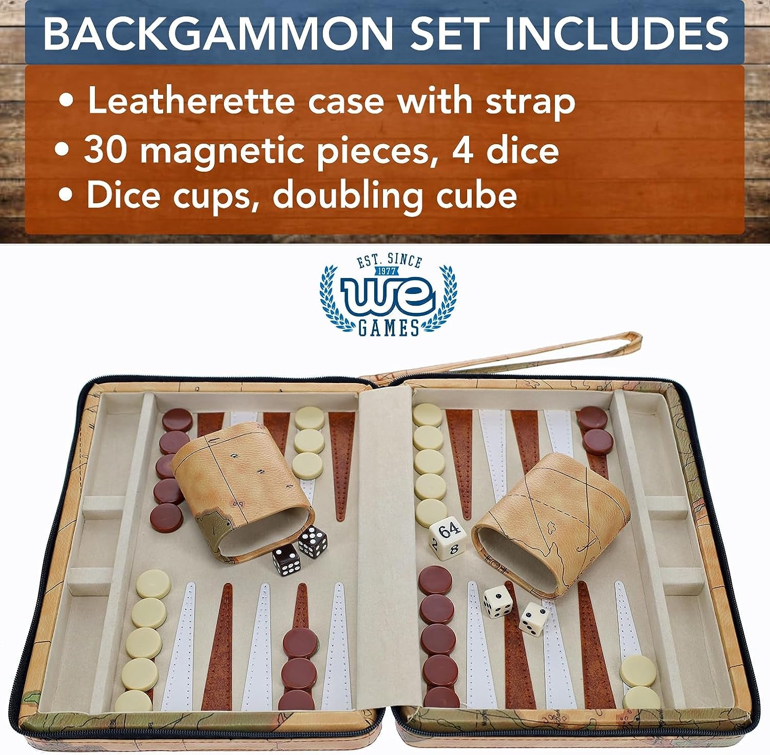 Backgammon set open displaying pieces with text listing item inventory.