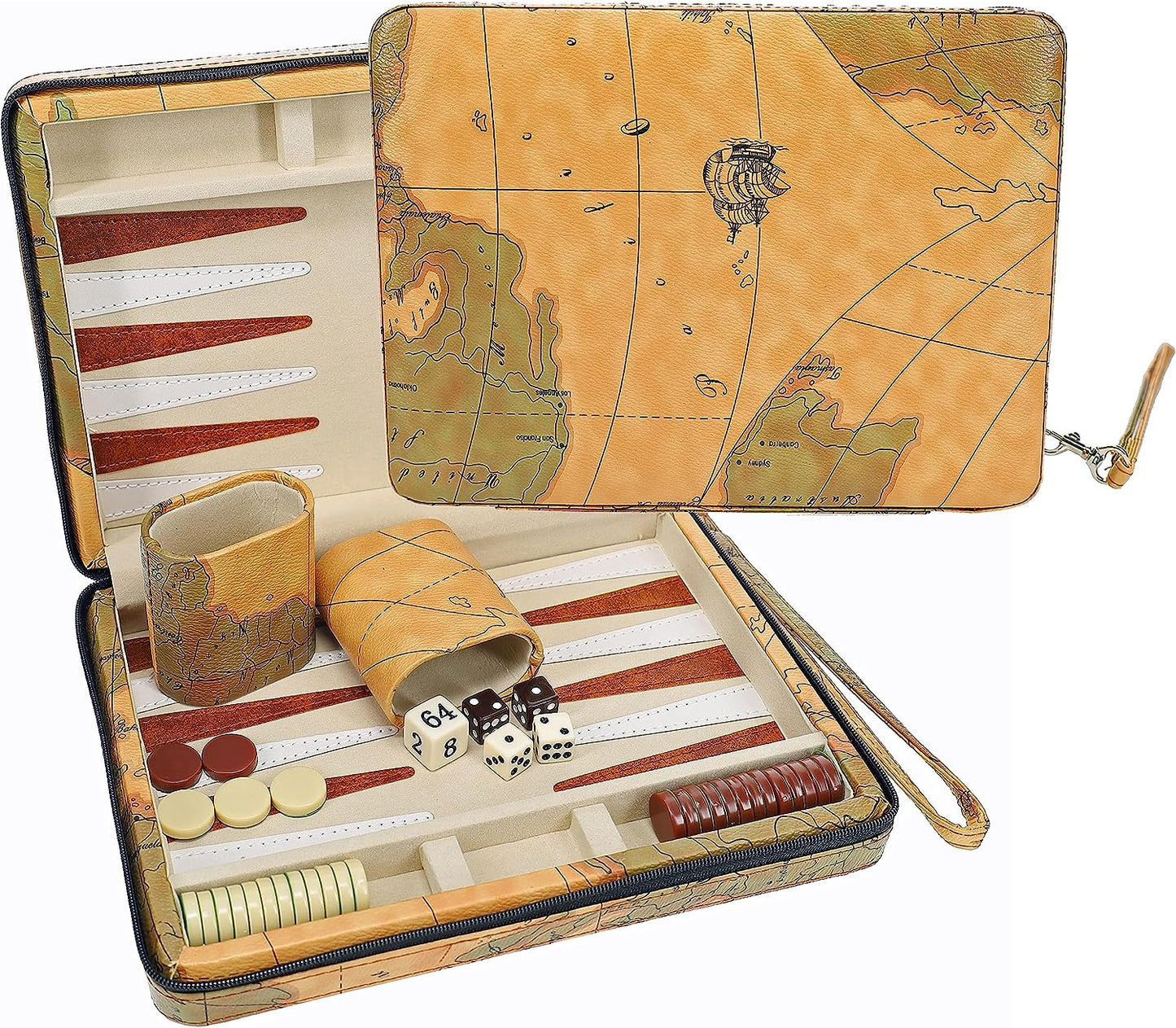 Backgammon set featured with dice and magnetic pieces and a leather travel container.