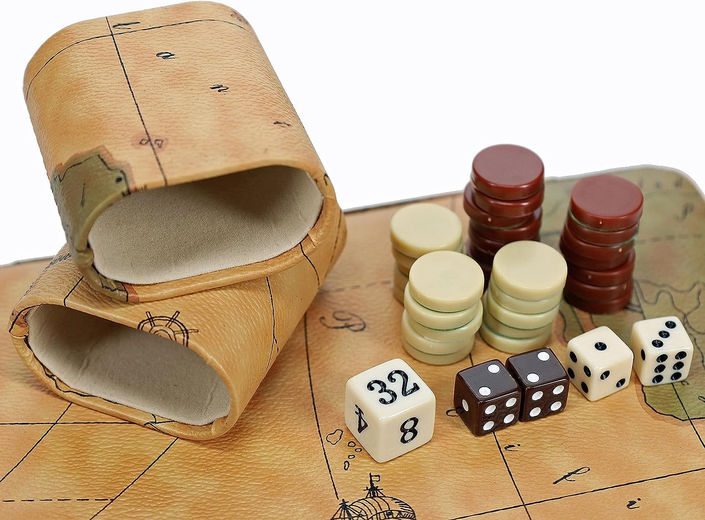 Backgammon set laid flat with dice and magnetic game pieces on top next to storage containers matching case map theme.