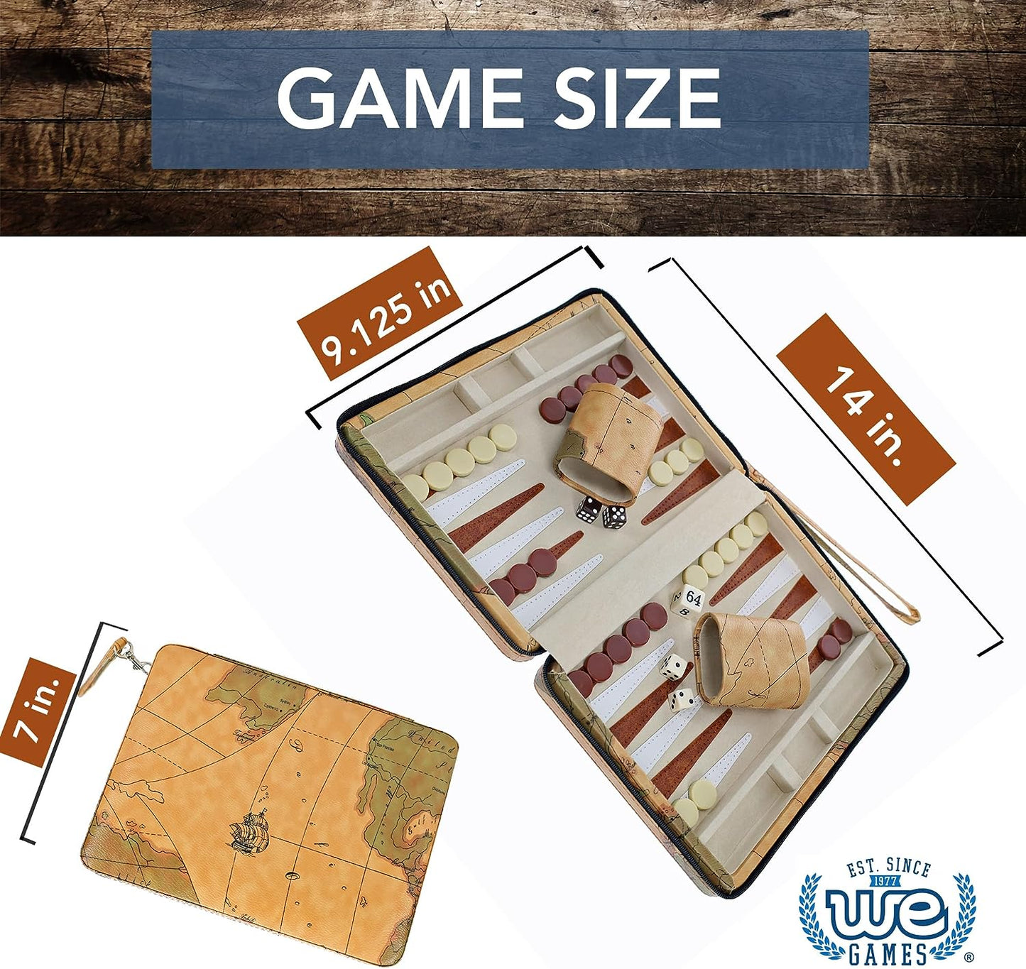 Backgammon set with atlas map leather case featuring all components displayed separately and game board dimensions.