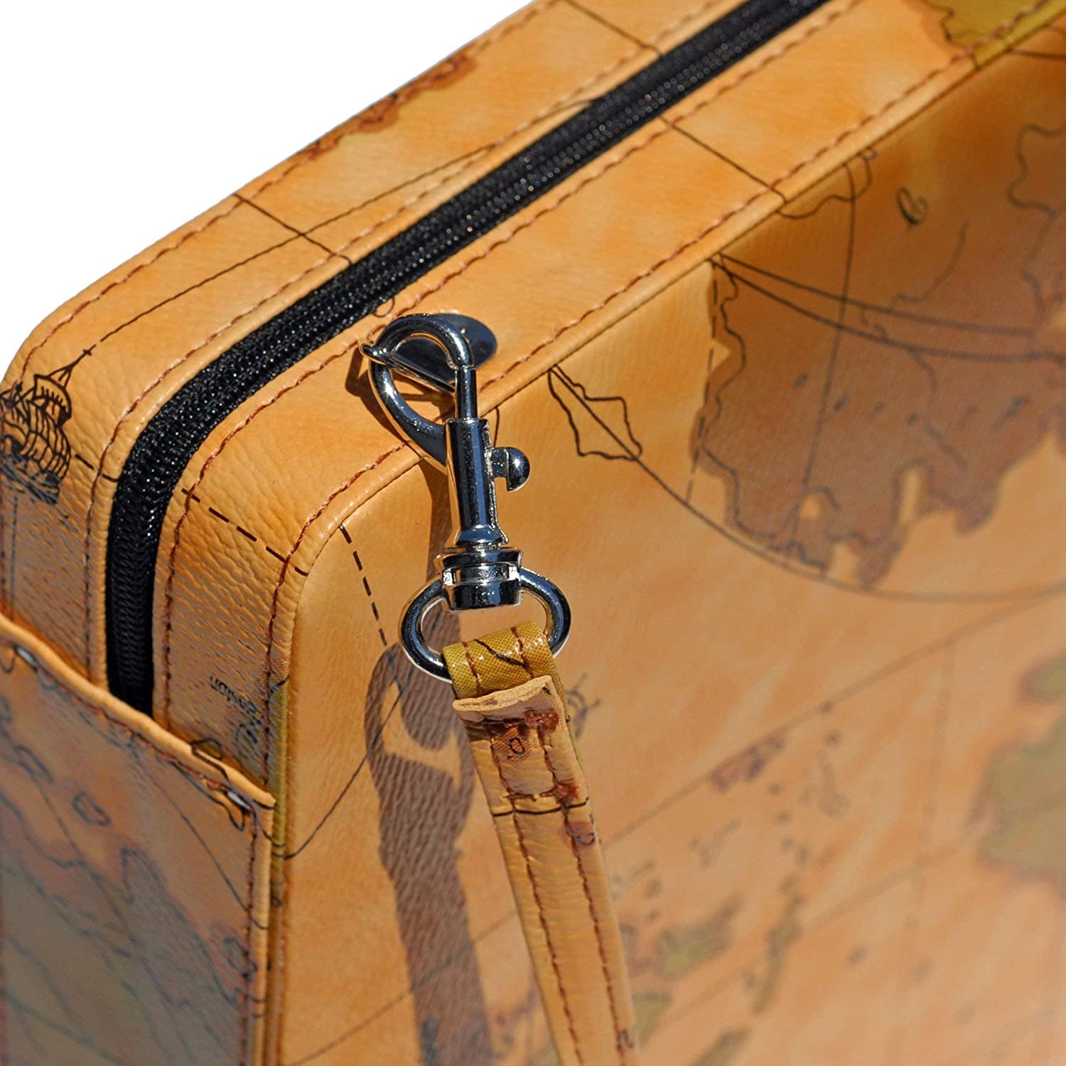 Backgammon set closed in atlas map leather case featuring close-up of zipper enclosure.