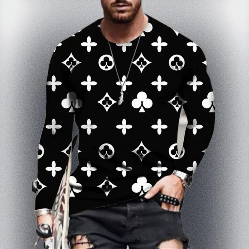 Person wearing a black shirt with white patterns on a gray background