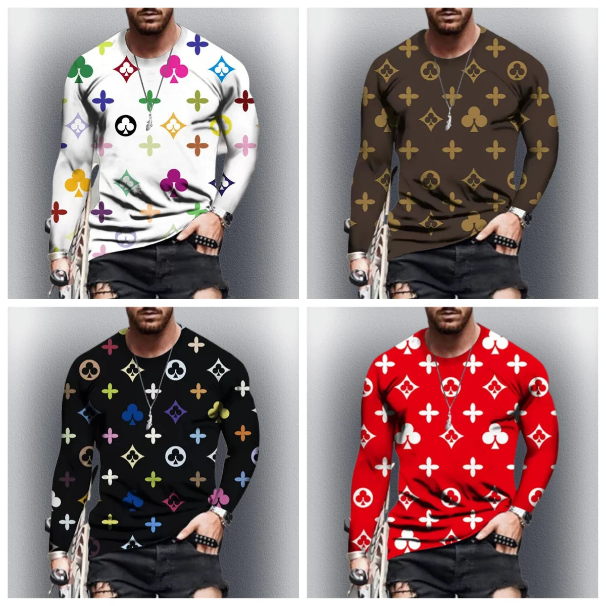 Four different patterned long-sleeve shirts worn by a person on a gray background.