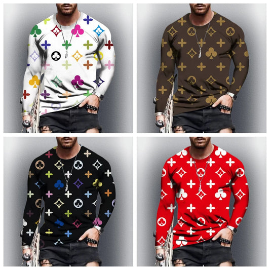 Four different patterned long-sleeve shirts worn by a person on a gray background.