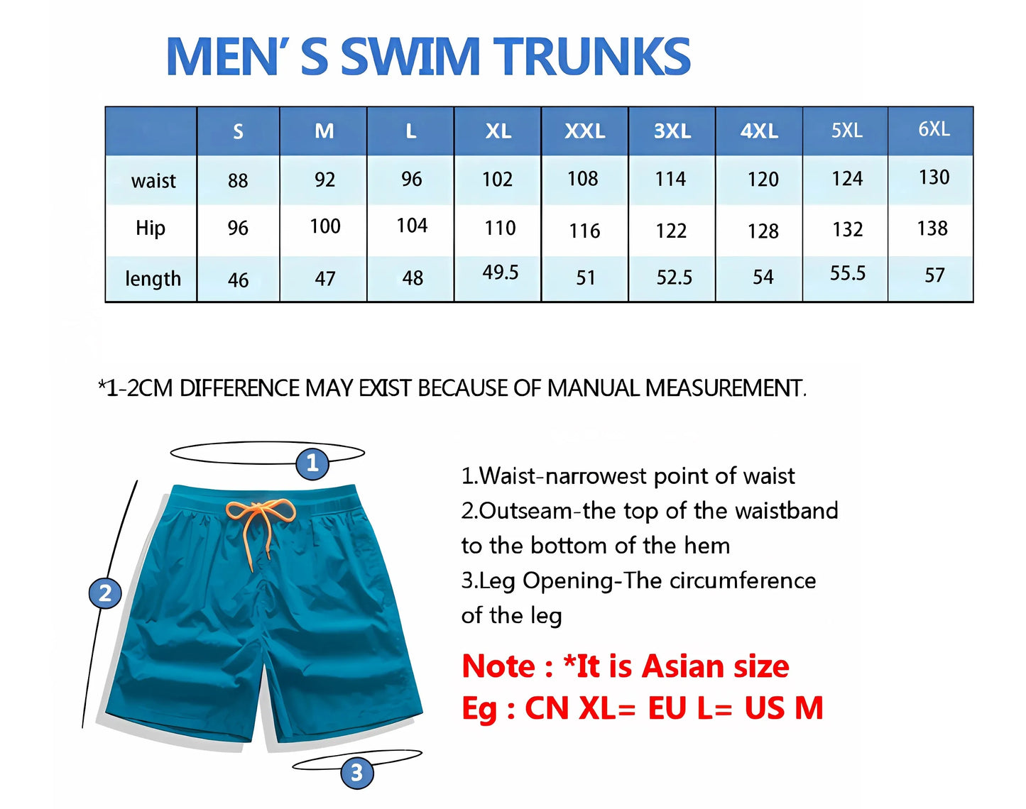 Men's swim trunks size chart with waist, hip, and length measurements.