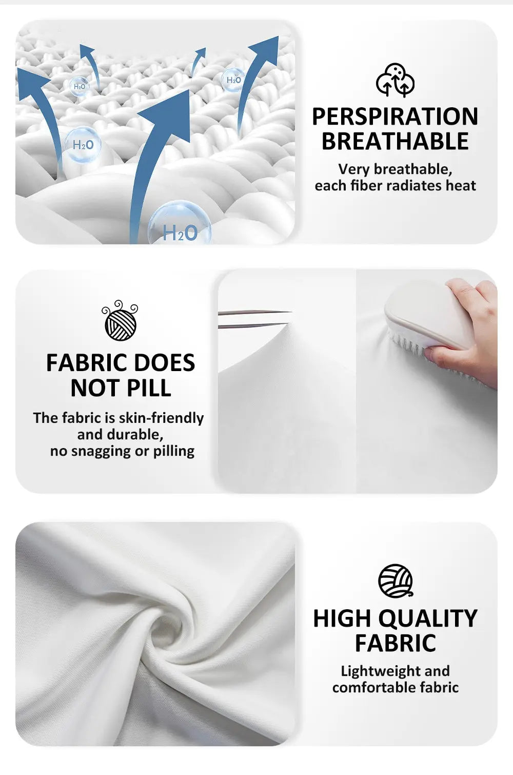 Fabric properties and features with text and images on a white background.