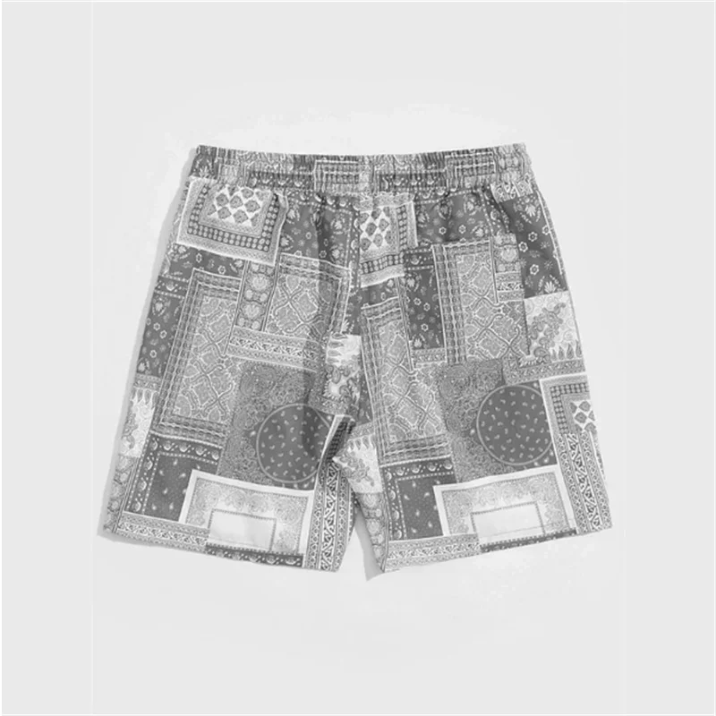 Patterned shorts on a light gray background