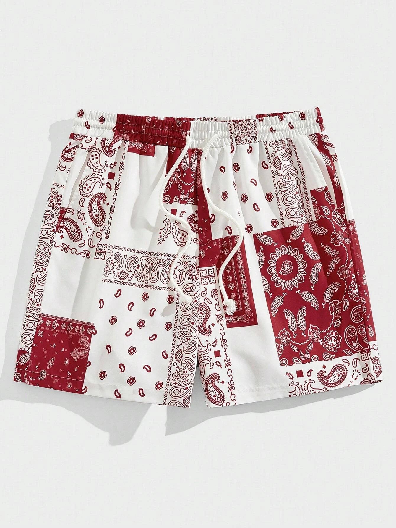 Red and white patterned shorts on a light gray background