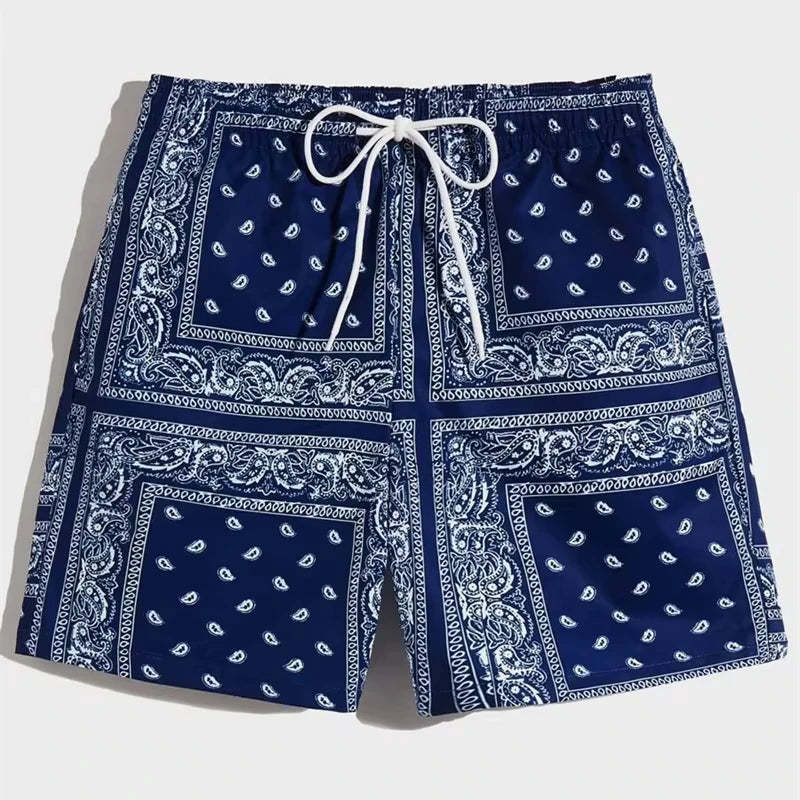 Blue bandana patterned shorts with a drawstring on a white background