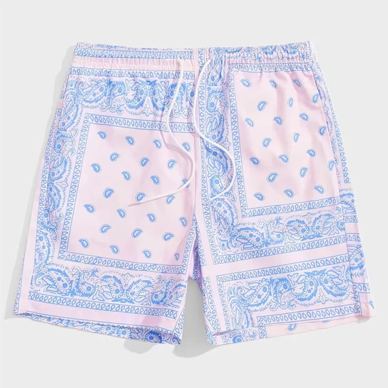 White shorts with blue paisley pattern on a white background