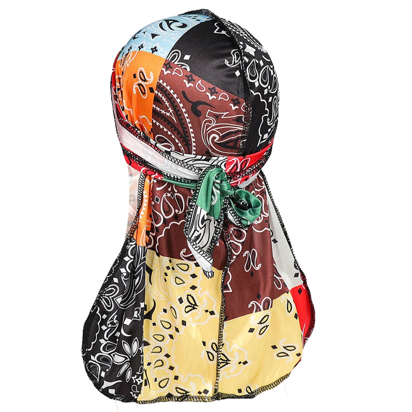 Colorful bandana-style durag with a patchwork pattern on a white background