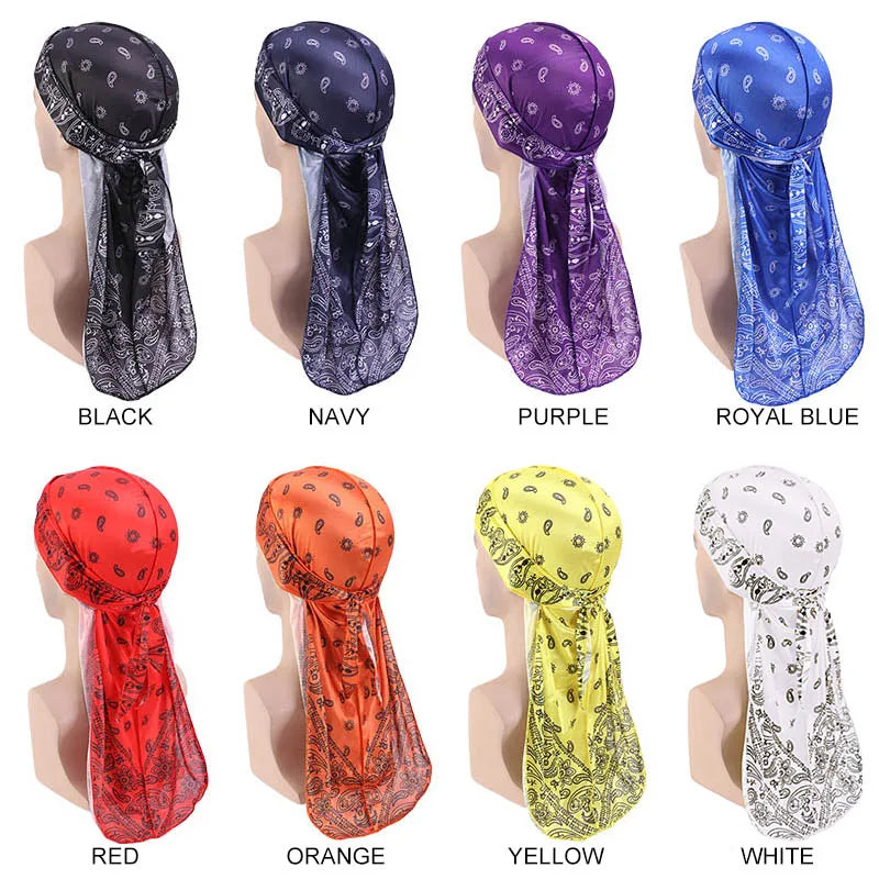 Set of eight bandana durag headscarves in various colors on mannequin heads with color labels.