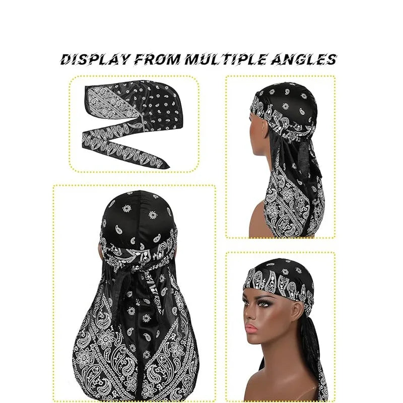 Black and white patterned headscarf displayed on a mannequin and a model against a white background.