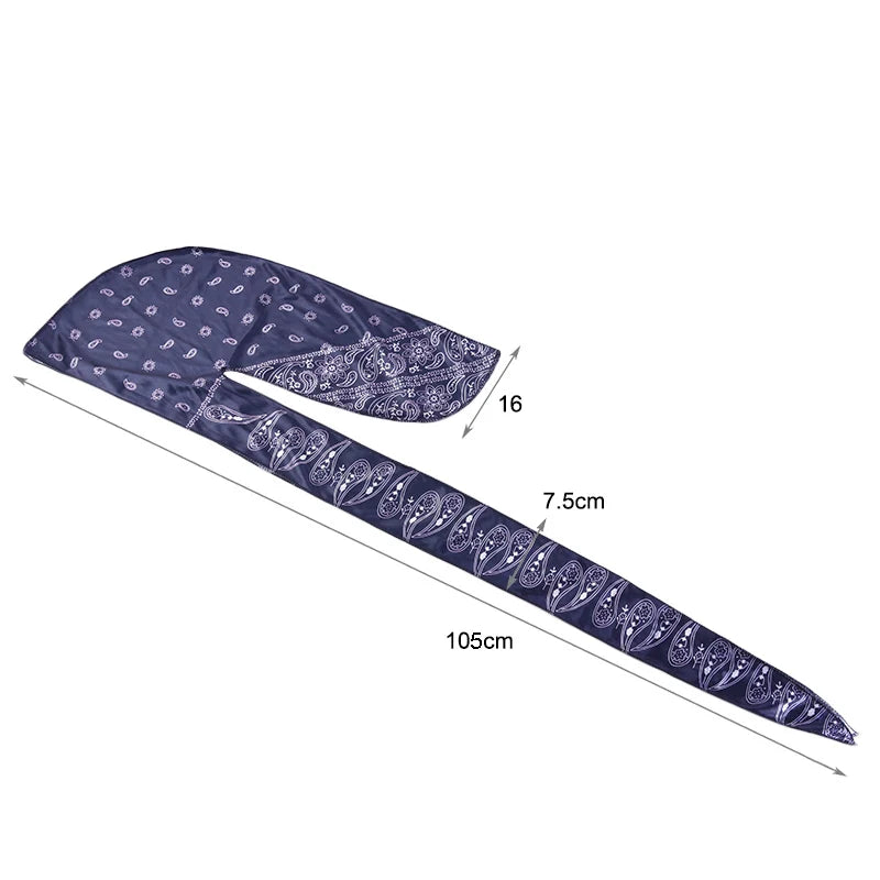 Navy blue bandana durag with white patterns and measurements on a white background
