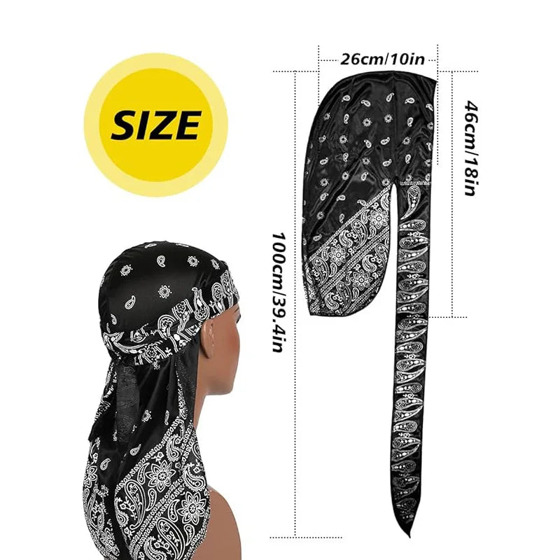 Black headscarf with white patterns and size measurement details on a white background