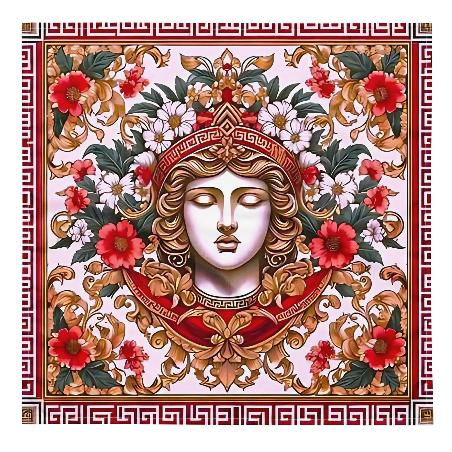 A bandana featuring an intricate floral and geometric design with a central figure adorned with a crown and flowers.