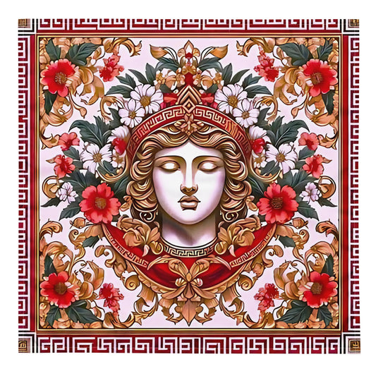 A bandana featuring an intricate floral and geometric design with a central figure adorned with a crown and flowers.