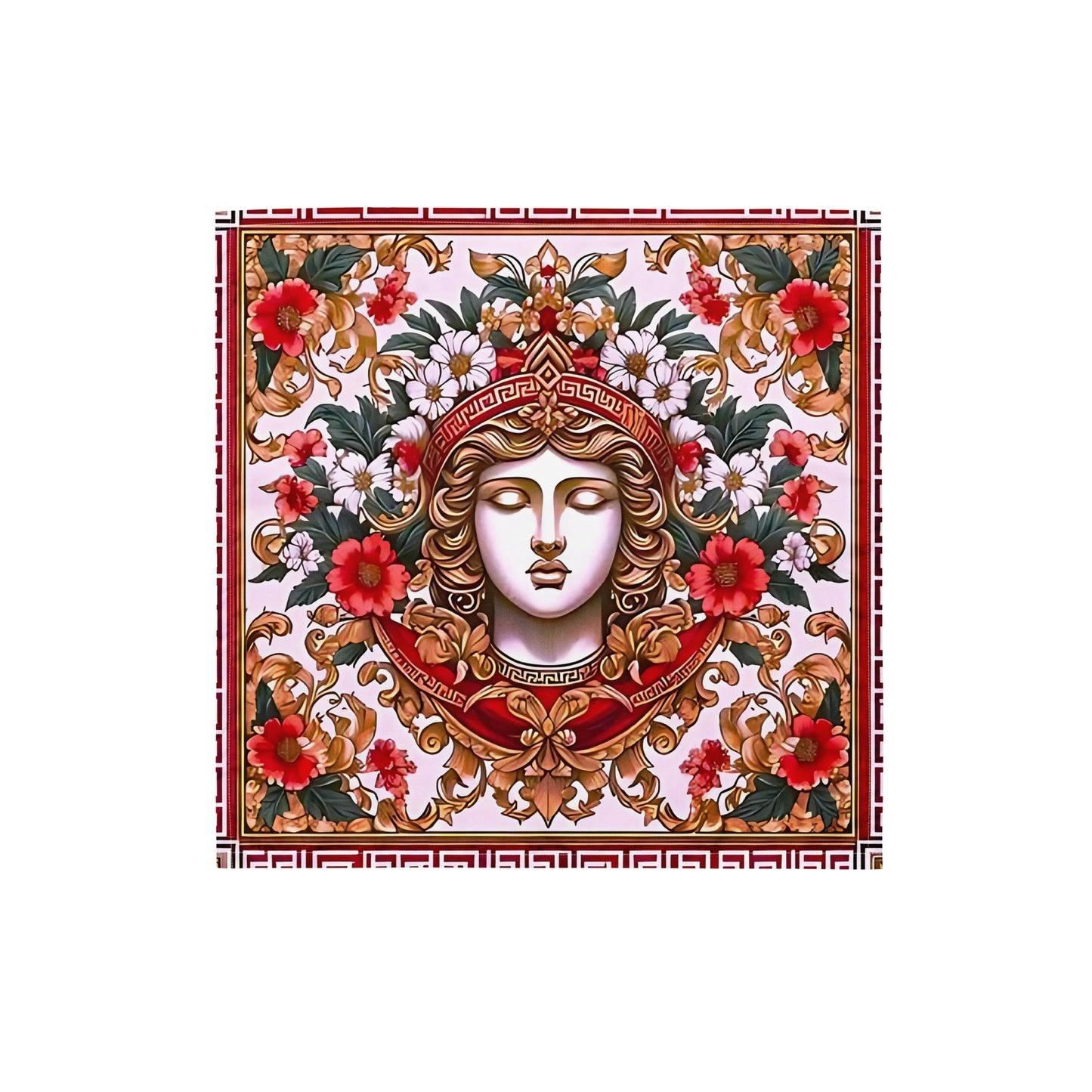 A bandana featuring an intricate floral and geometric design with a central figure adorned with a crown and flowers.